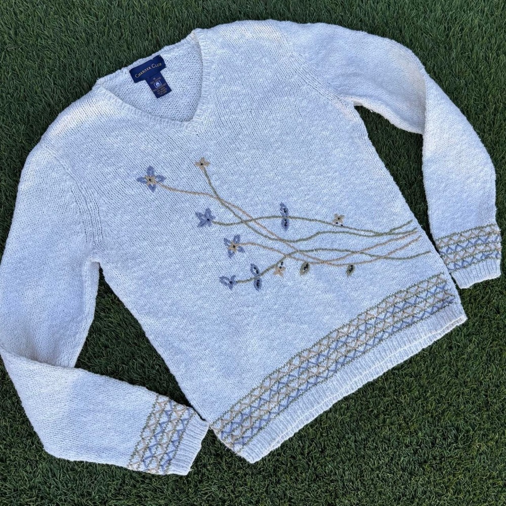 Cottagecore Medium Cotton Knit Embroidered Sweater Floral
